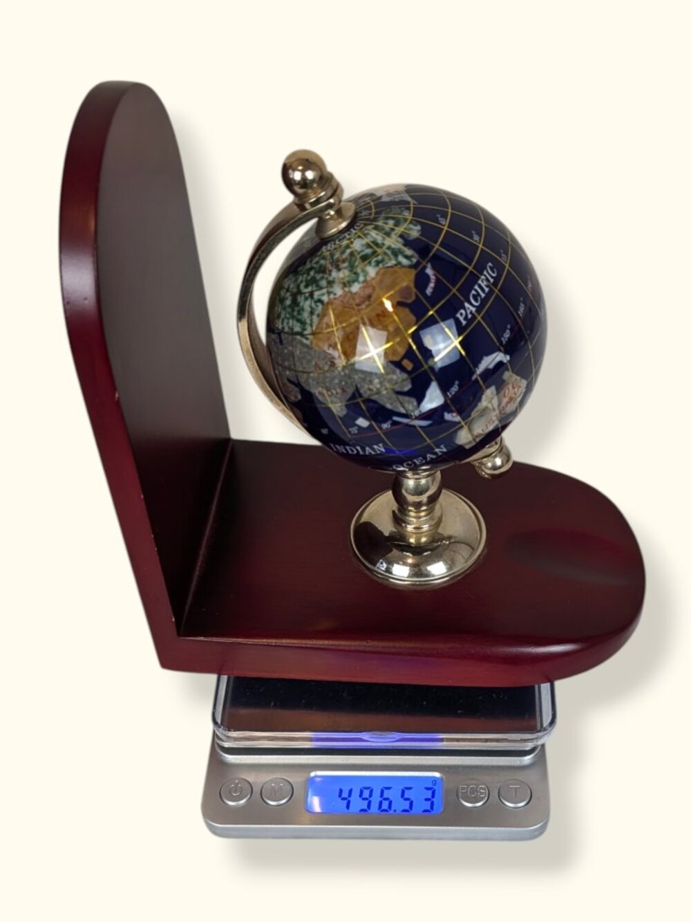Large Lapis Lazuli Semi-Precious Stone Globe on Wood Base - Picture 9 of 9
